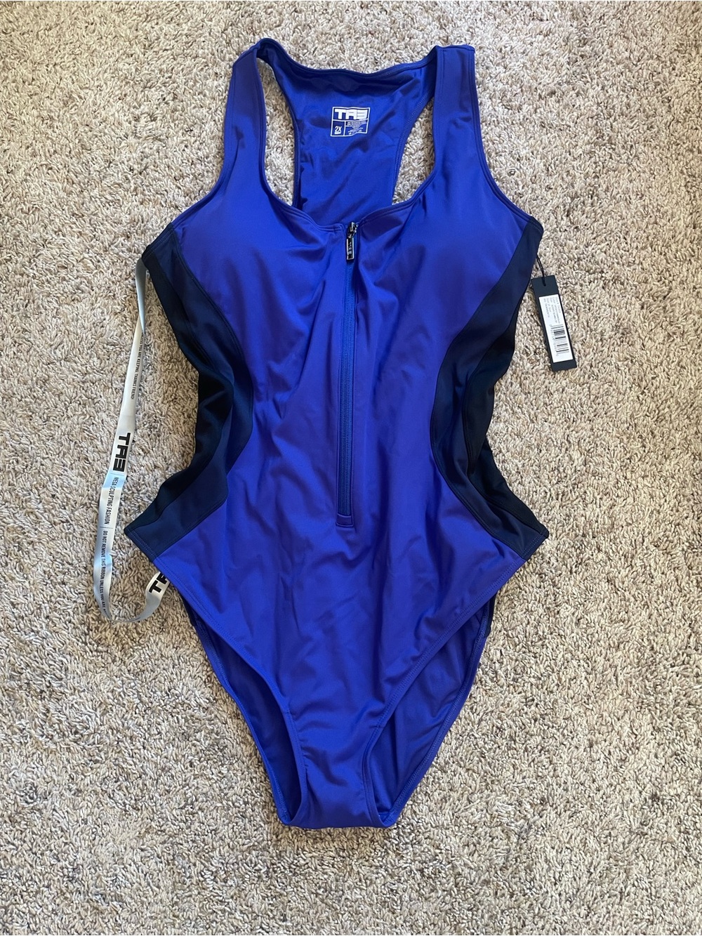 TA3 Scoopy Seamed Zip One Piece Swimsuit Contour Ultramarine/Black 2X Short NWT